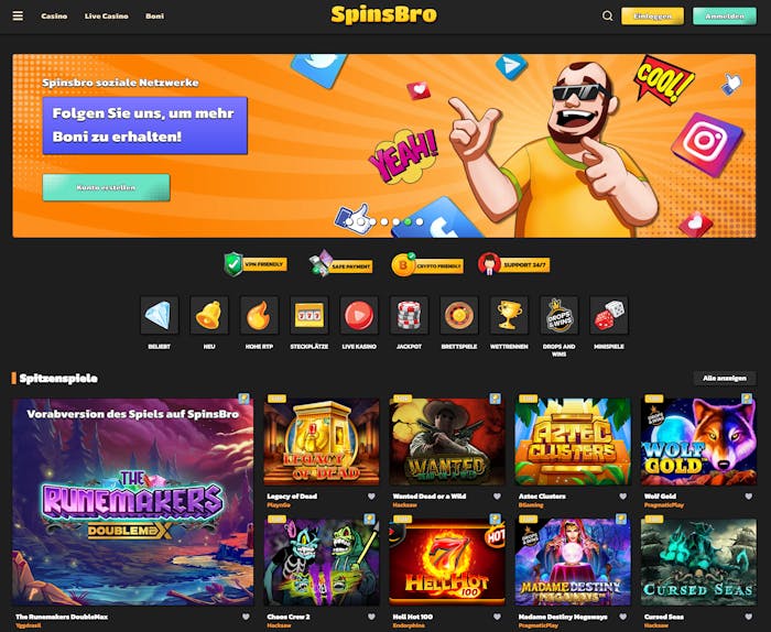 Startseite des SpinsBro Casinos