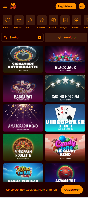Die Spielauswahl bei Spin Castle Casino mit vielen verschiedenen Titeln wie European Roulette