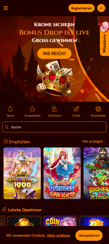 Startseite im Spins Castle Casino zeigt Suchleiste und empfohlene Spiele