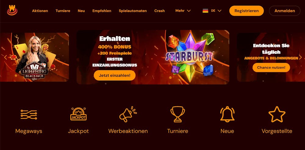 Die Homepage von Spin Castle Casino mit einer Beschreibung über den ersten Einzahlungsbonus von 400 % + 200 Freispielen