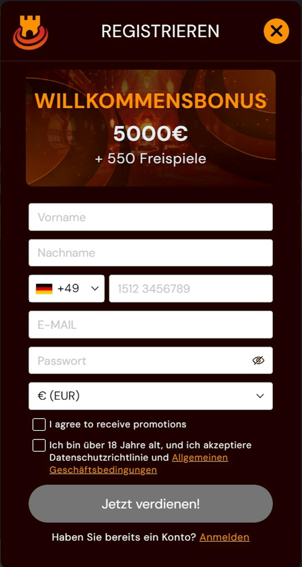 Das Registrierungsformular von Spin Castle Casino