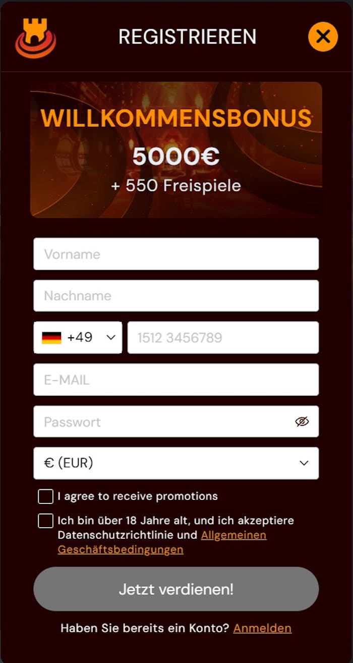 Das Registrierungsformular von Spin Castle Casino