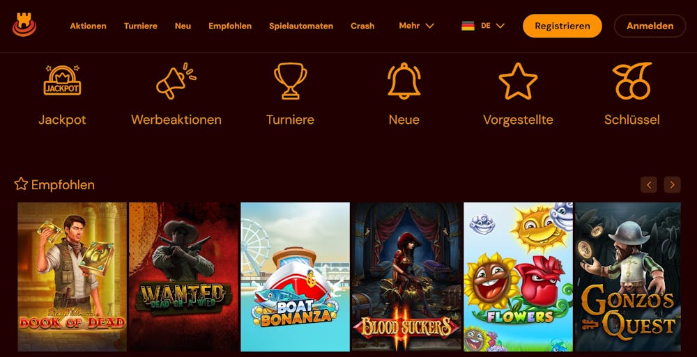 Die Spielauswahl bei Spin Castle Casino mit vielen verschiedenen Titeln wie Gonzo's Quest und Book of Dead