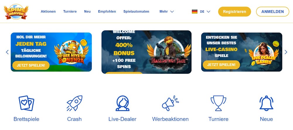 Spin Heaven Casino Startseite zeigt Willkommensbonus bis zu 400% und 100 Freispiele