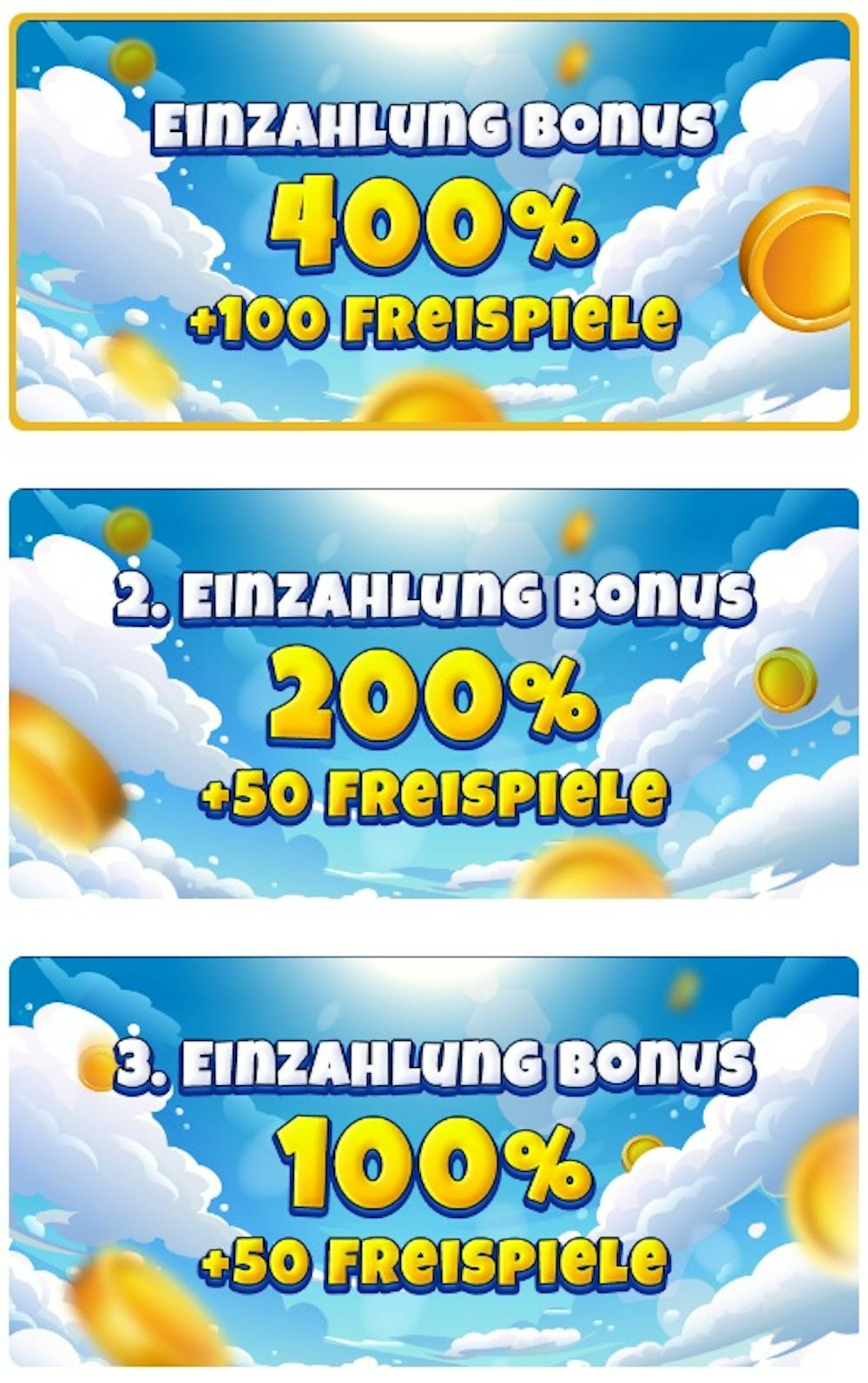 Die verschiedenen Willkommensboni bei Spin Heaven Casino, der erste Bonus beträgt 400% und 100 Freispiele