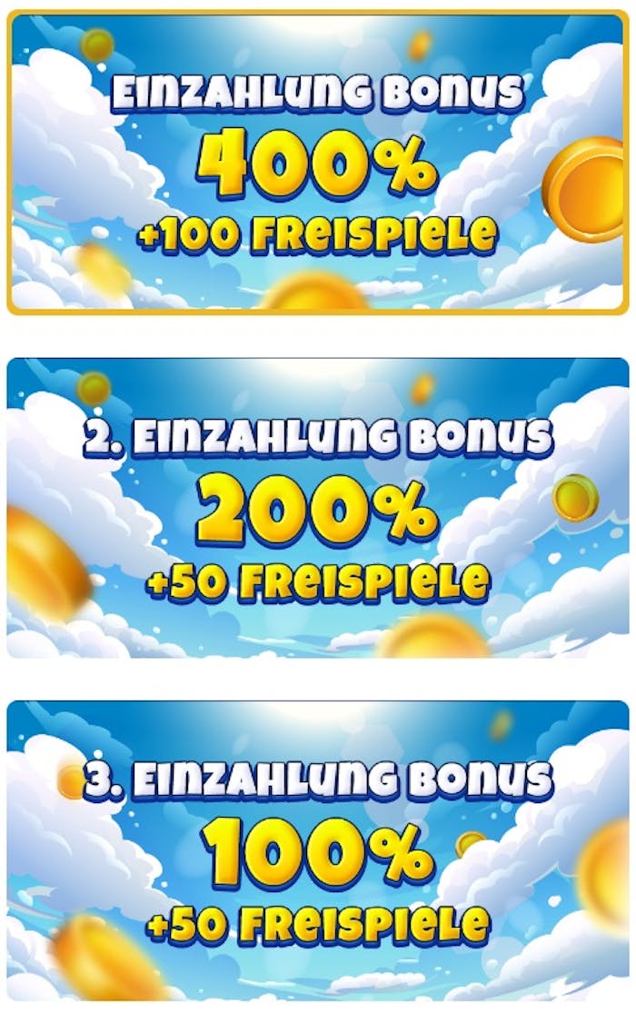 Die verschiedenen Willkommensboni bei Spin Heaven Casino, der erste Bonus beträgt 400% und 100 Freispiele