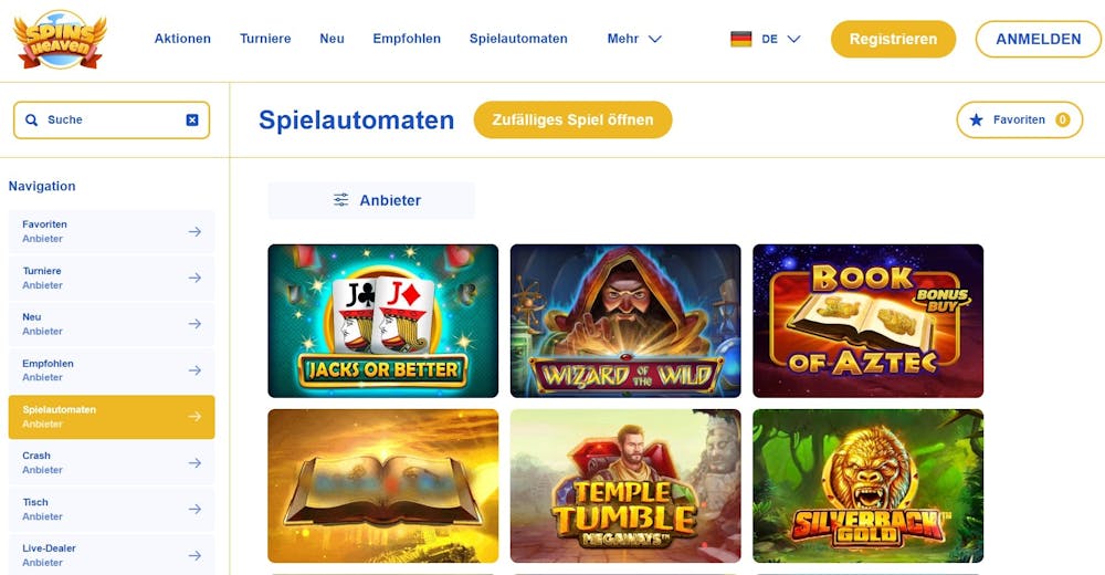 Spin Heaven Casino Spiellobby zeigt Top Spiele wie Temple Tumble neben anderen Casino Kategorien