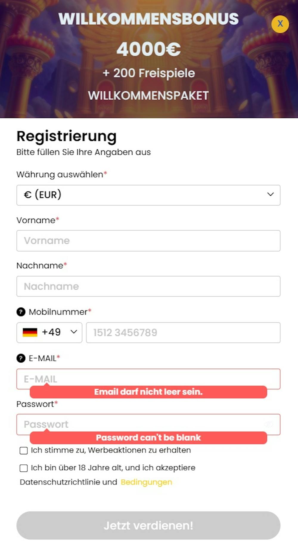 Das Registrierungsformular von Spin Heaven Casino