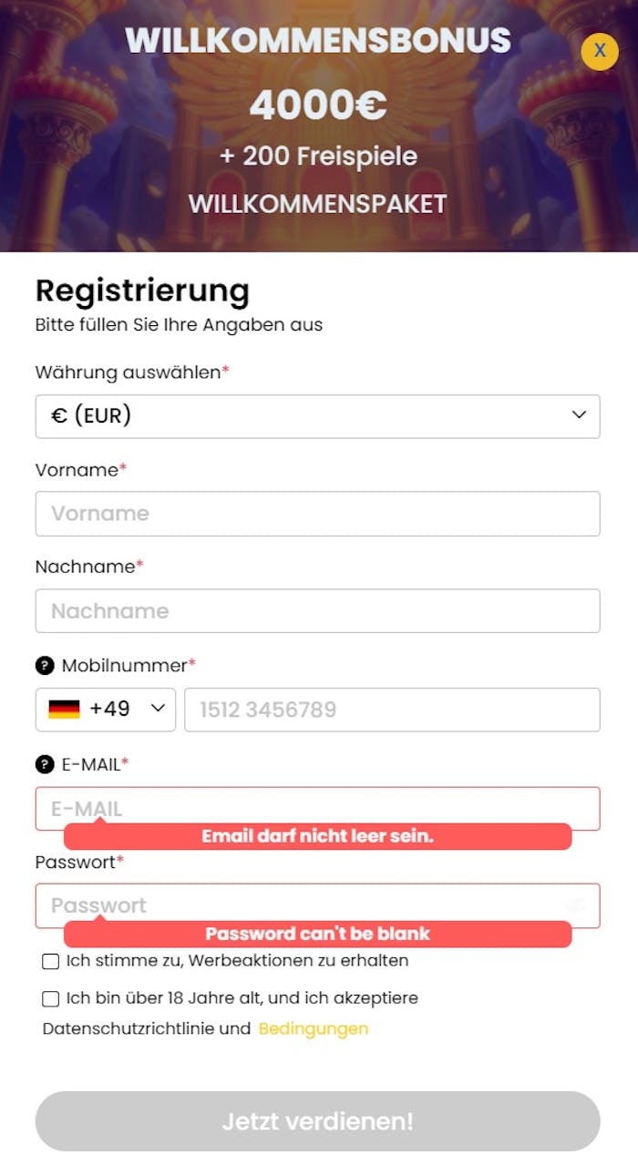 Das Registrierungsformular von Spin Heaven Casino
