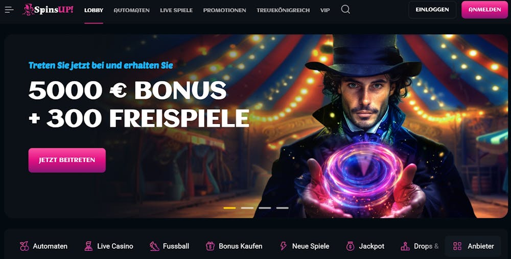 Spins Up Casino Startseite mit Bonusbanner, Menü und Kategorien