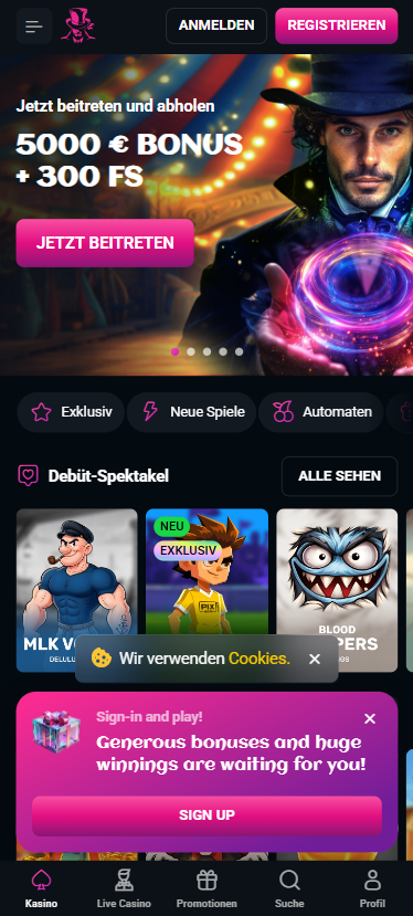 Spins Up Casino Startseite mit Bonusbanner, Menü und Kategorien