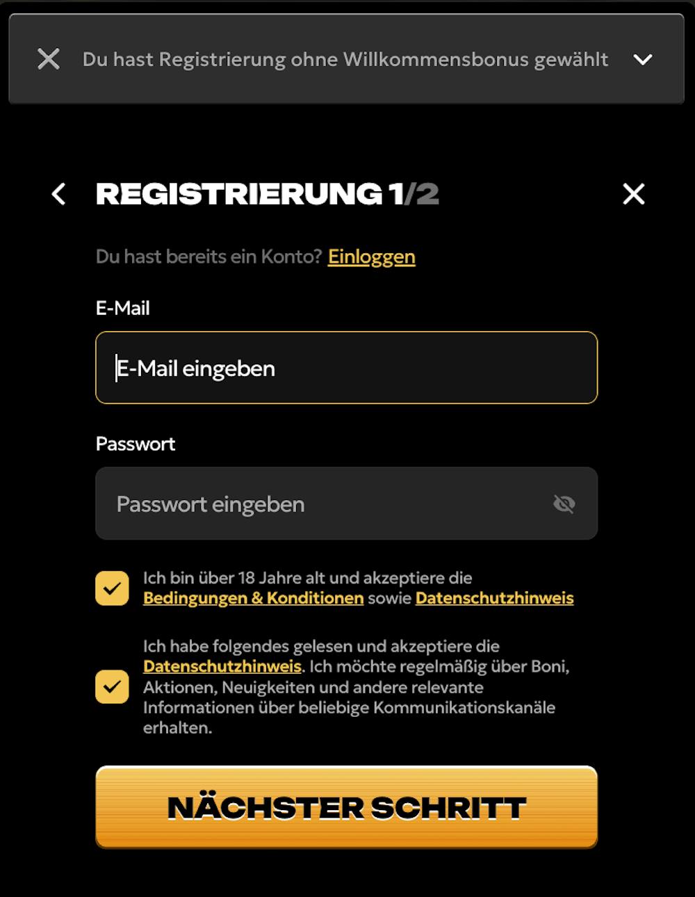 Anmeldeformular im Spinsy Casino