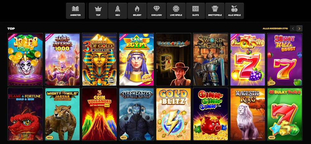 Spiellobby im Spinsy Casino zeigt Spiele wie Gold Blitz neben anderen Spielkategorien