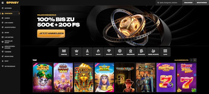 Startseite im Spinsy Casino zeigt Willkommensbonusangebot, Top Spiele und Menü