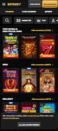 Spiellobby im Spinsy Casino zeigt Spiele wie Book of Ra neben anderen Spielkategorien