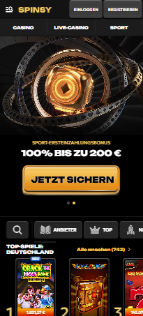 Startseite im Spinsy Casino zeigt Willkommensbonusangebot, Top Spiele und Menü