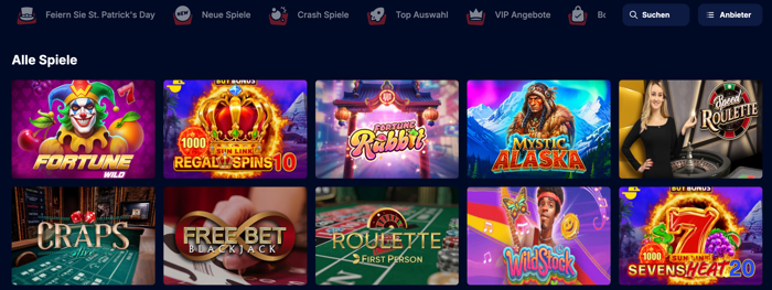 Spiellobby im SpinTexas Casino zeigt Spiele wie Mystic Alaska neben anderen Spielkategorien