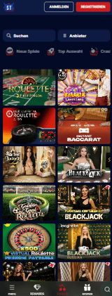 Spiellobby im SpinTexas Casino zeigt Spiele wie Roulette First Person neben anderen Spielkategorien