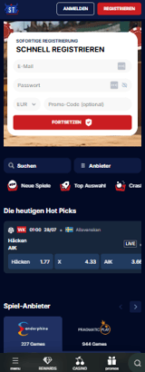 Startseite im SpinTexas Casino zeigt Anmeldeformular und Spielkategorien