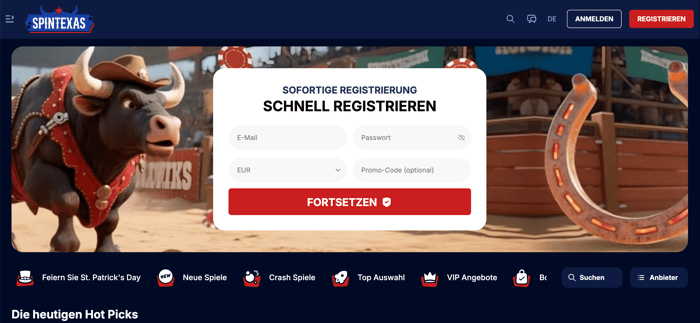 Startseite im SpinTexas Casino zeigt Anmeldeformular und Spielkategorien