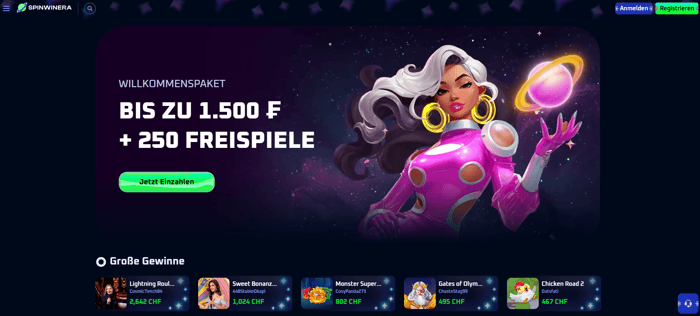 Screenshot vom Spinwinera Casino mit der Startseite, auf dieser sieht man den Willkommensbonus.