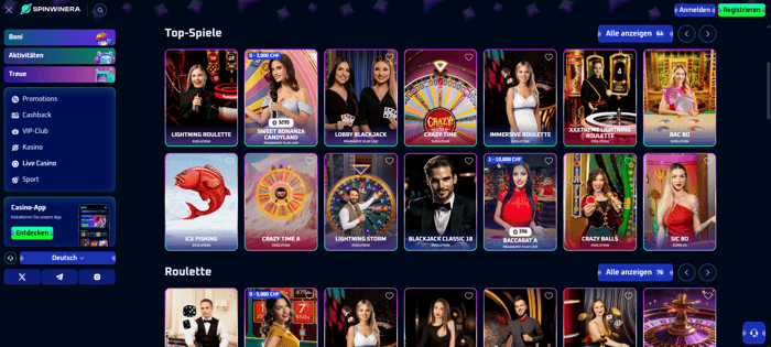 Spinwinera Casino Screenshot mit der Live Spiele Ansicht,