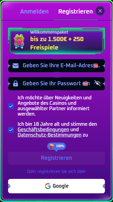 Screenshot des Spinwinera Casinos mit der Anmeldeseite, auf welcher man seine Daten eingibt.