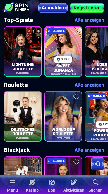 Live Casino Bereich im Spinwinera Casino zeigt Spiele wie Deutsches Roulette