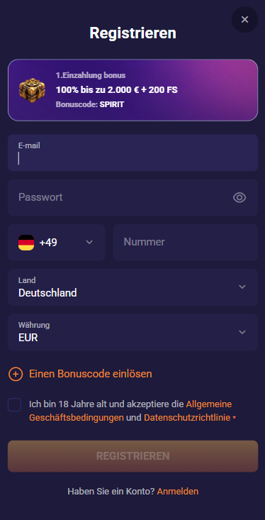 Anmeldeformular im Spirit Casino
