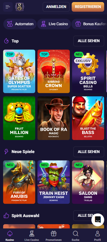 Spiellobby im Spirit Casino zeigt top Spiele wie Gates of Olympus 1000 neben anderen Spielkategorien
