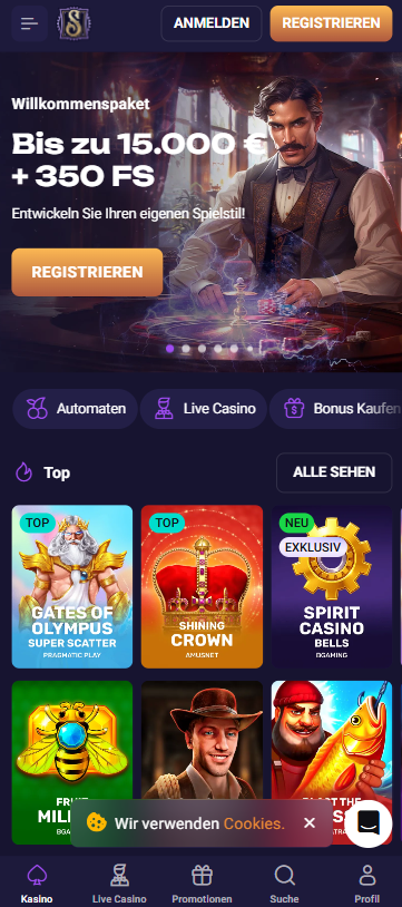 Startseite im Spirit Casino zeigt Willkommensbonus