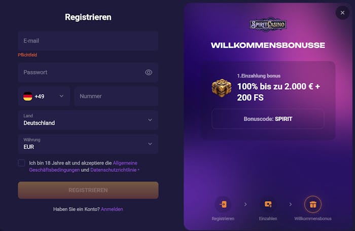 Anmeldeformular im Spirit Casino