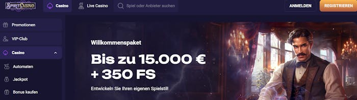 Screenshot vom Spirit Casino mit dem Willkommensangebot über 15.000 € und 350 Freispiele.