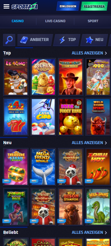 Spiellobby im Sportaza Casino zeigt top Spiele wie Le King neben anderen Spielkategorien