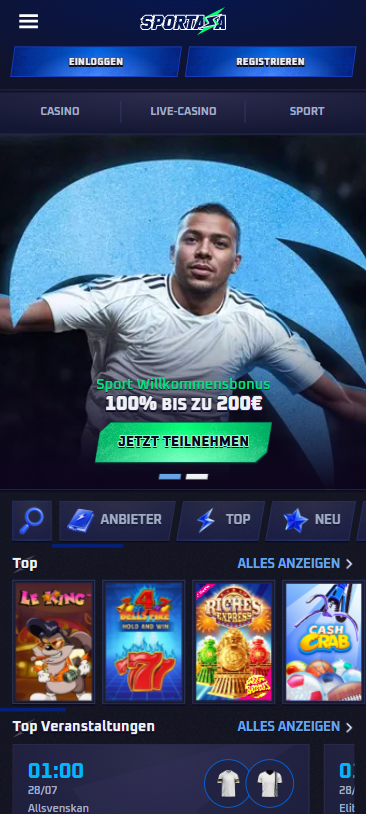 Startseite im Sportaza Casino zeigt Willkommensbonus und top Spiele