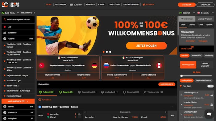 Screenshot vom Sportcenterbetting Casino mit dem Willmkommensangebor für neue Spieler.