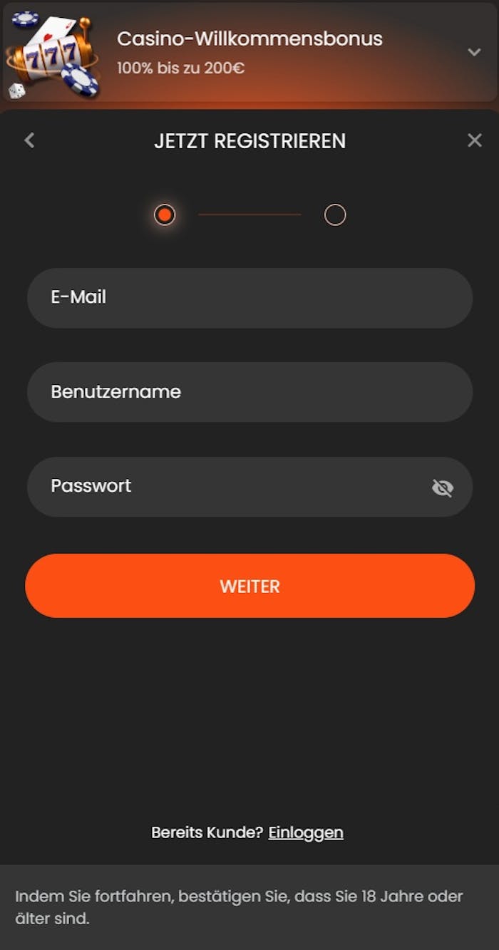 Screenshot vom Sportcenterbetting mit der Anmeldeseite zum Eingeben der Daten.