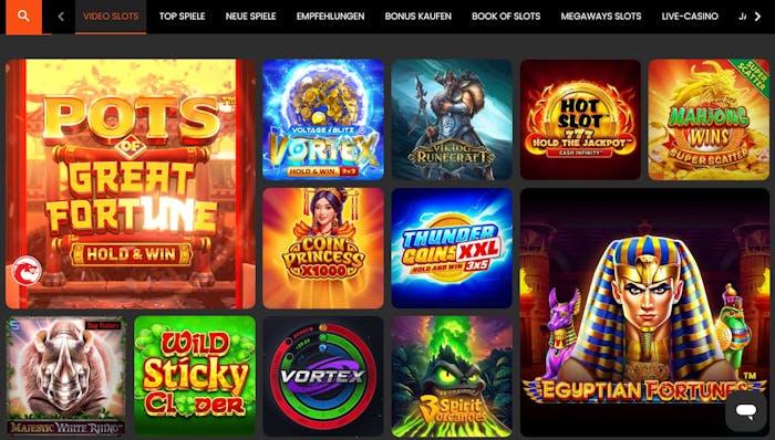 Screenshot vom Sportcenterbetting Casino mit der Slot Auswahl.