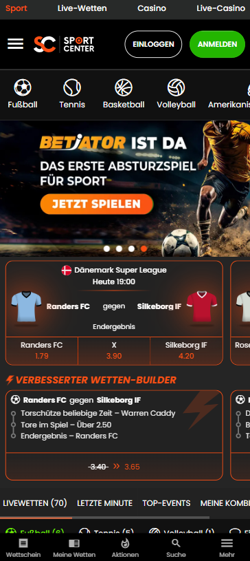 Startseite im Sport Center Casino zeigt Wettangebote