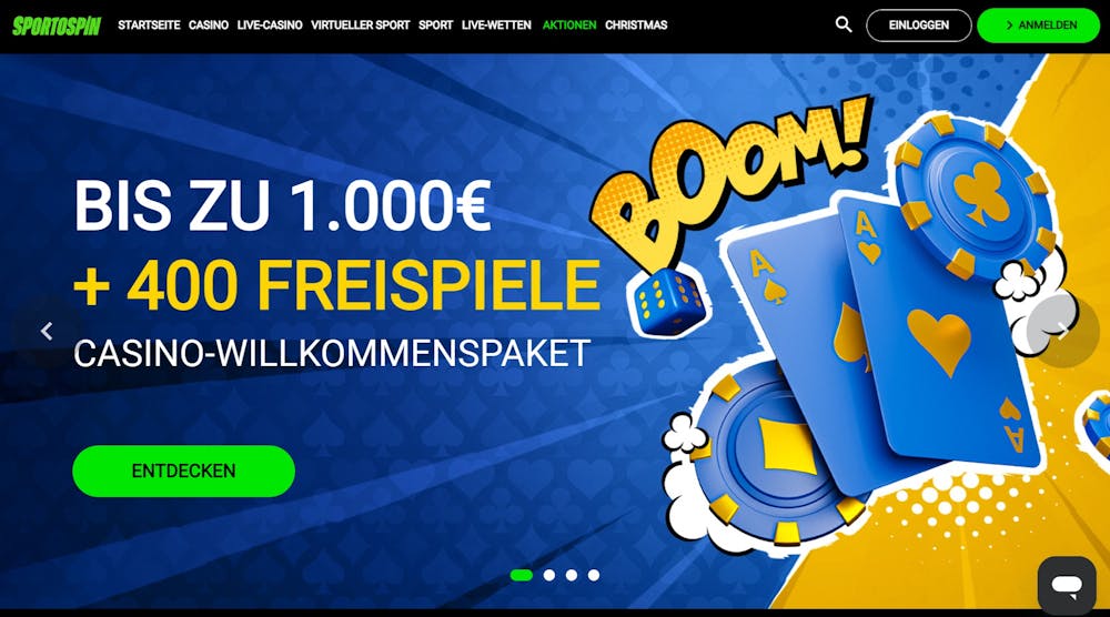 Die Homepage von SportoSpin Casino mit einer Beschreibung des Willkommensbonus von bis zu 1.000 € + 400 Freispielen