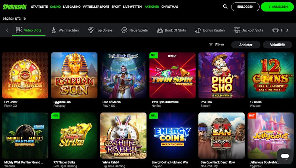 Eine Ansicht über die verschiedenen Titel bei SportoSpin Casino, mit Titeln wie White Rabbit und Egyptian Sun