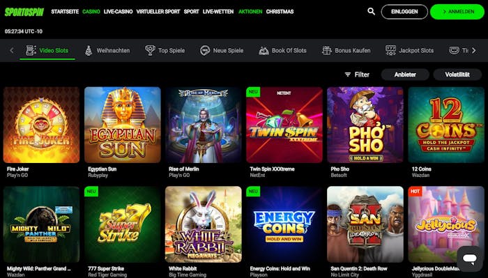 Eine Ansicht über die verschiedenen Titel bei SportoSpin Casino, mit Titeln wie White Rabbit und Egyptian Sun