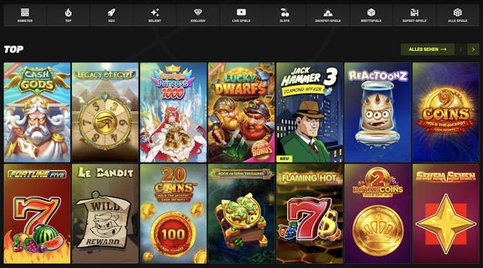 Paysafe Casino Sportuna Spiellobby mit top Spielen