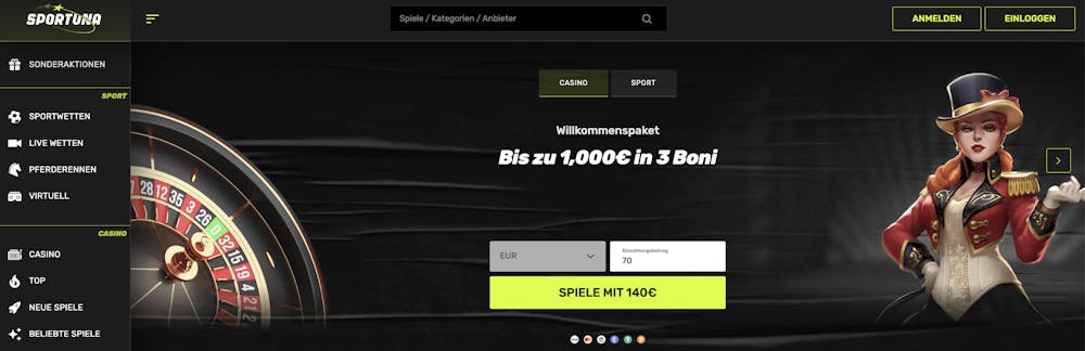 Startseite des Sportuna Casinos