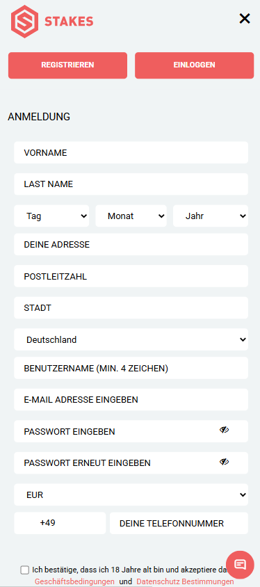 Beispiel für eine Anmeldeformular im Casino ohne Verifizierung