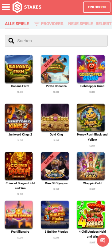 Stakes Casino Spielauswahl Screenshot.