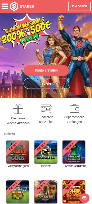 Stakes Casino Homepage Screesnhot mit dem Willkommensbonus des Casinos, welcher momentan 500 € und 100 Freispiele umfasst.