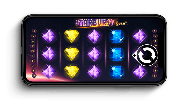 Screenshot vom Starburst Slot mit Stern und Würfeln für das Freispiele ohne Einzahlung Casino.