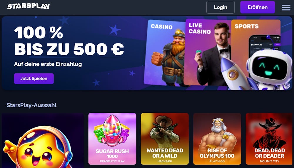 Starsplay Casino Logo in blauem Design mit Willkommensbonus und Spieleangebot