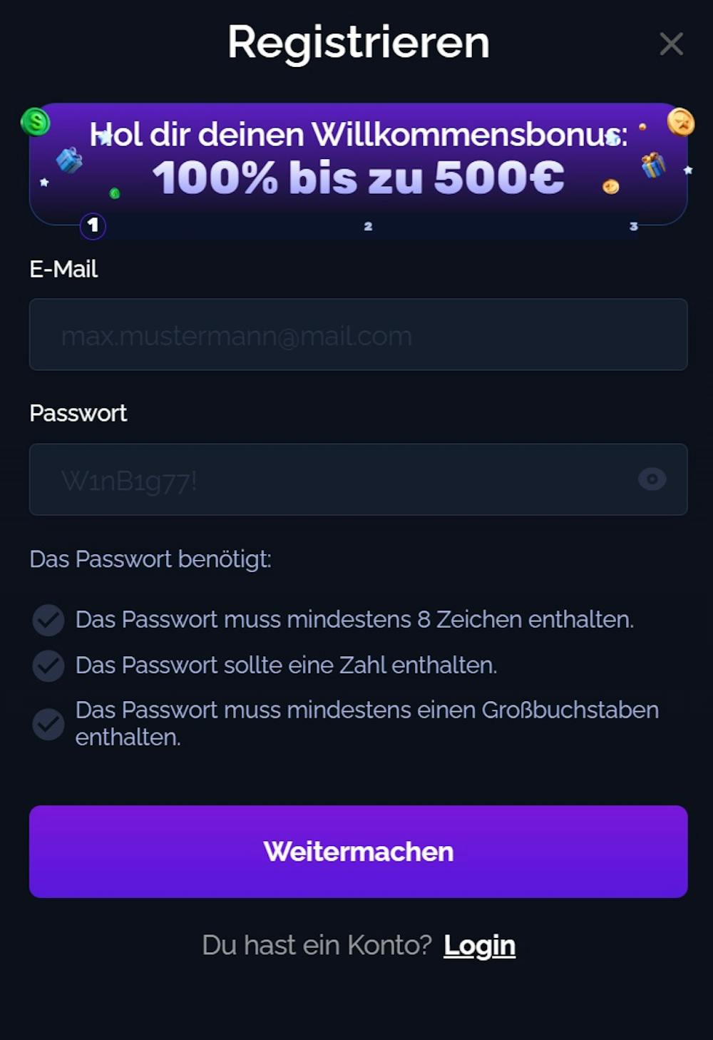 Starsplay Casino Screenshot mit lila und blauen Akzenten, zu sehen ist die Anmeldemaske, in welche persönliche Daten zum Anmelden eingegeben werden.
